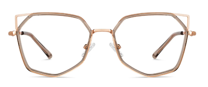 The Aurora cat eye shaped eyeglasses front view featuring a geometric rose gold frame and champagne rim.