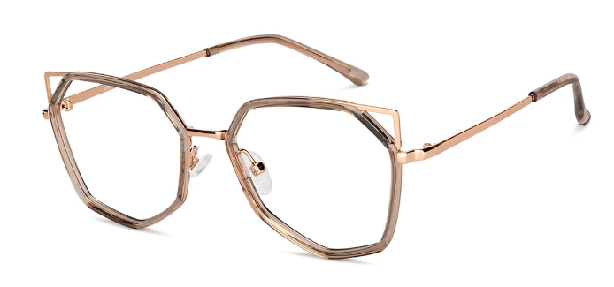 The Aurora cat eye shaped eyeglasses angled front view featuring a geometric rose gold frame and champagne rim.
