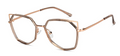 The Aurora cat eye shaped eyeglasses angled front view featuring a geometric rose gold frame and champagne rim.