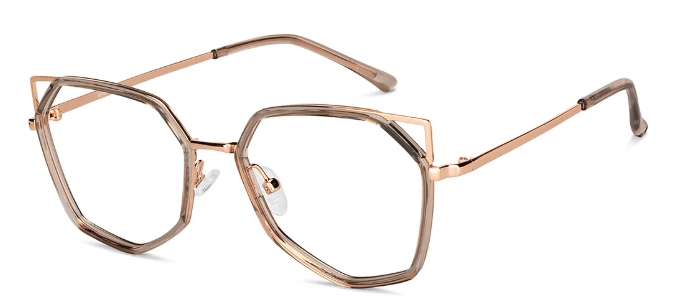 Modern cat eye shaped eyeglasses perfect for contouring round faces, resting on a white background
