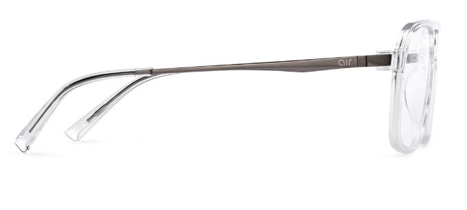 Straight front view of premium transparent eyeglass frames resting on a white background