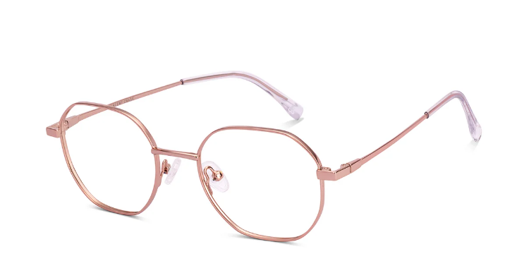 Front view of geometric rose gold eyeglasses with clear lenses