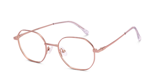 Front view of geometric rose gold eyeglasses with clear lenses