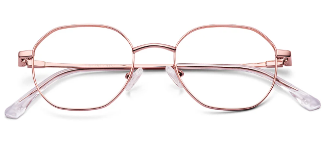 Folded hexagonal rose gold eyeglasses showing premium metal hinges