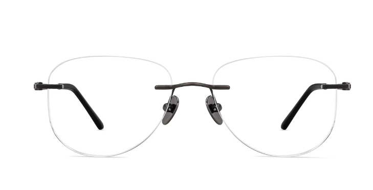 Side profile of men's designer rimless eyeglasses with sleek black temple arms