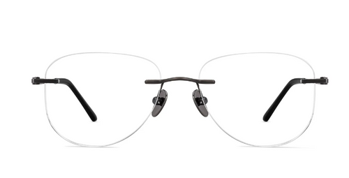 Side profile of men's designer rimless eyeglasses with sleek black temple arms