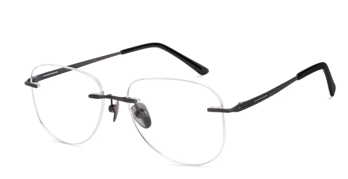 Front view of men's rimless eyeglasses in a dark gunmetal finish