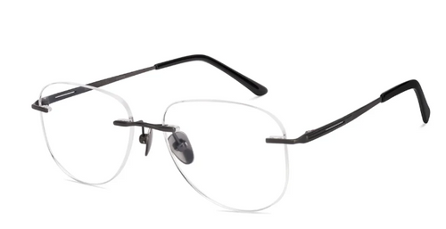 Front view of men's rimless eyeglasses in a dark gunmetal finish