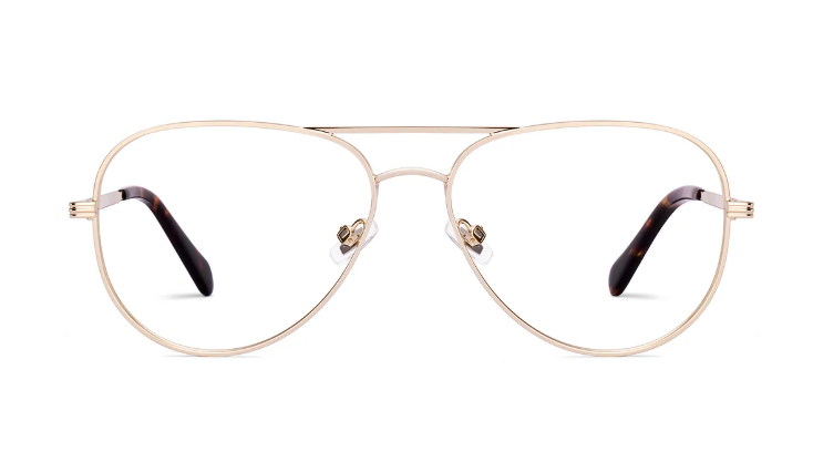 Direct front view of retro gold metal double bridge frames showing the symmetrical aviator shape
