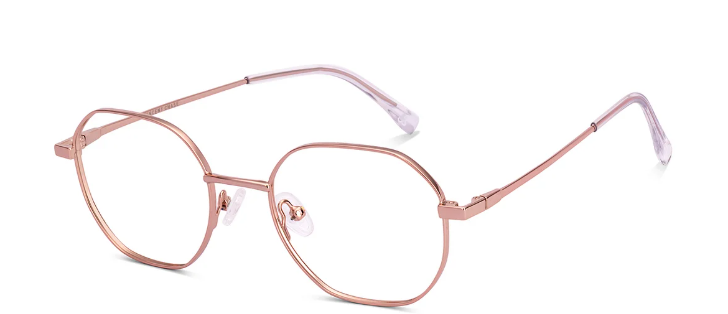 Angled view of lightweight rose gold eyeglasses frames