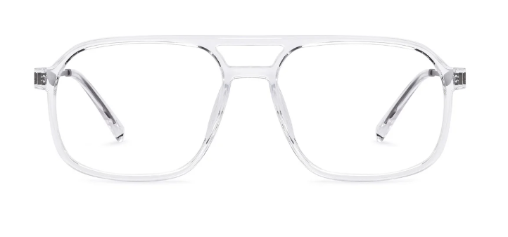 Straight front view of premium transparent eyeglass frames resting on a white background