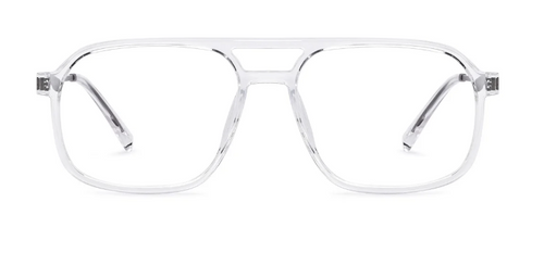 Straight front view of premium transparent eyeglass frames resting on a white background