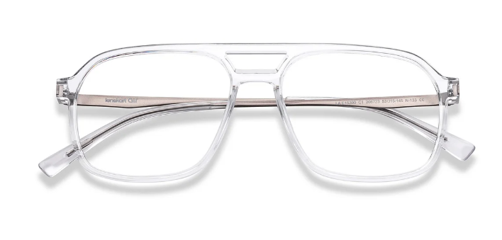 Inside view of The Nova transparent eyeglasses showing adjustable nose pads and prescription-ready lenses.