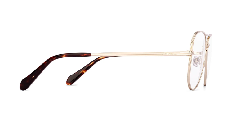 Side profile of vintage gold aviator eyeglasses highlighting the thin metal temples and curved tips