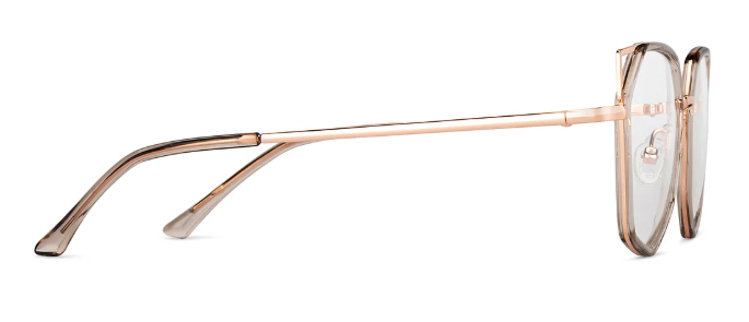 Side profile of women's cat eye eyeglass frames showcasing the ultra-lightweight rose gold temple arms.